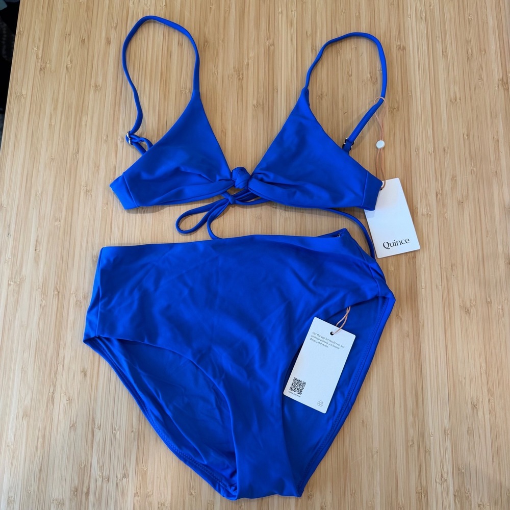 Quince Blue High Waisted Bikini Set Front Knot Triangle Top XS Bathing Sui - Picture 1 of 8